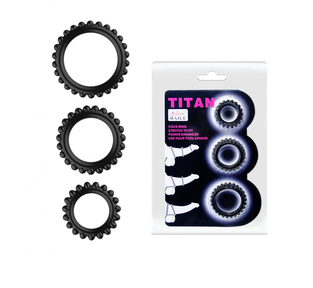 Набор из 3х ребристых эрекционных колец TITAN, диаметр 1.9 см/2.4 см/2.8 см, силикон, черный