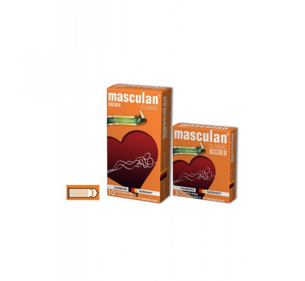 ПРЕЗЕРВАТИВЫ MASCULAN CLASSIC 3 , 3 ШТ. С КОЛЕЧКАМИ И ПУПЫРЫШКАМИ (DOTTY+RIBBED)