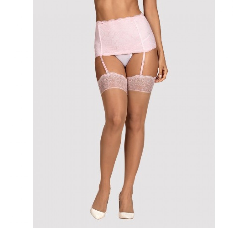 Бежевые чулки с нежно-розовым кружевом Girlly S/M