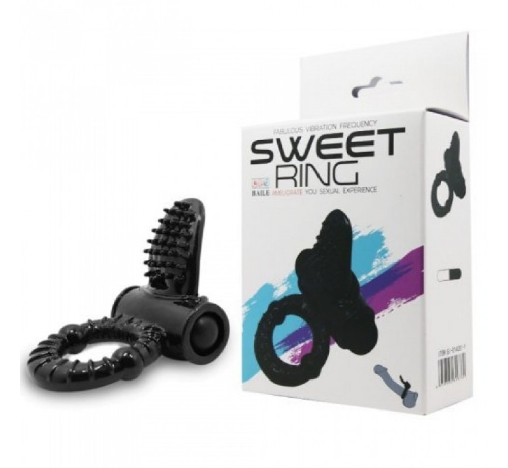 Чёрное эрекционное кольцо с вибрацией и щеточкой для клитора