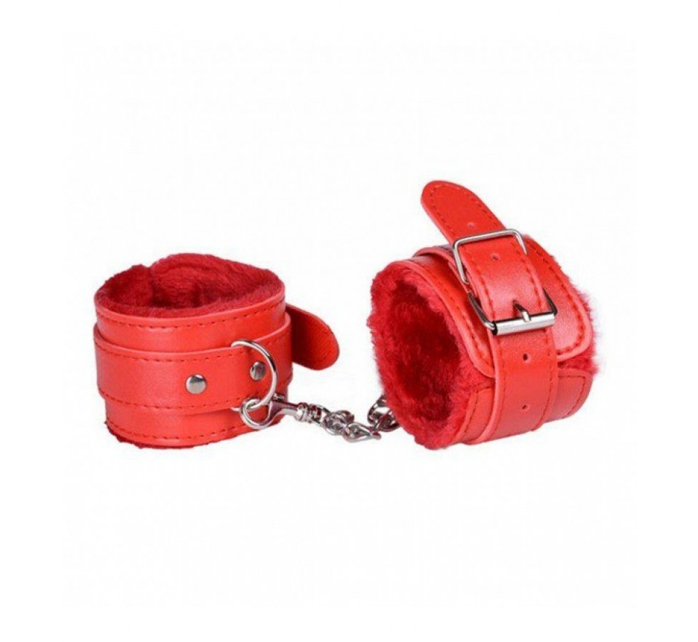 Наручники с мехом, цвет красный, искуственная кожа